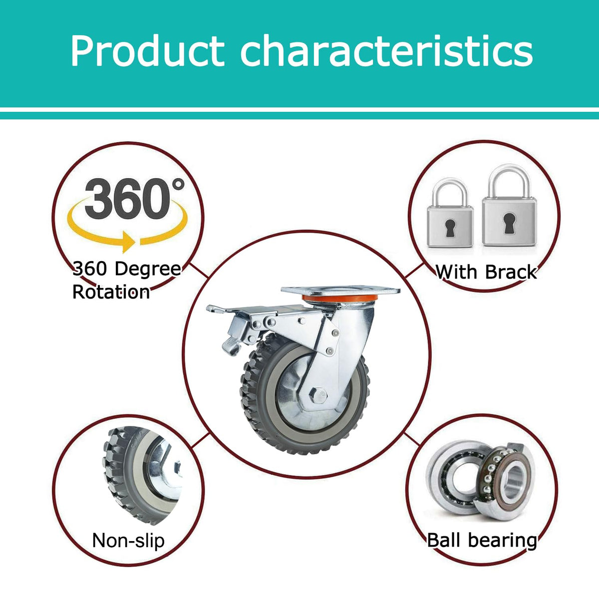 ITINA Heavy Duty Swivel Casters 6 inch 625Lbs Load Capacity/Item 360 Degree Rotation Plate Swivel Hard Casters Non-Slip with Locking Brakes(2 with Brakes& 2 Without) ITINA