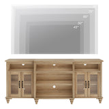 WAMPAT Farmhouse TV Stand for TVs Up to 75 inch, 4-Door Glass and Wood Universal TV Console with 9 Storage Cabinets, Oak Entertainment Center Table for Living Room Bedroom，70'' WAMPAT