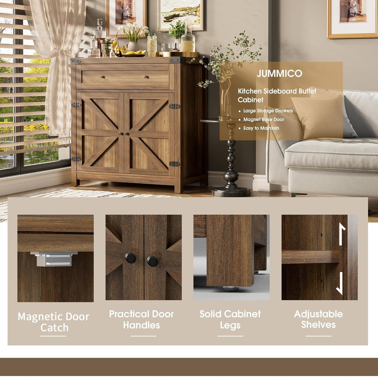 JUMMICO Coffee Bar Cabinet Farmhouse Kitchen Sideboard Buffet Cabinet with Drawer and Adjustable Shelf Barn Door Storage Cabinet for Kitchen, Dining Room, Bathroom, Entryway (Brown) JUMMICO