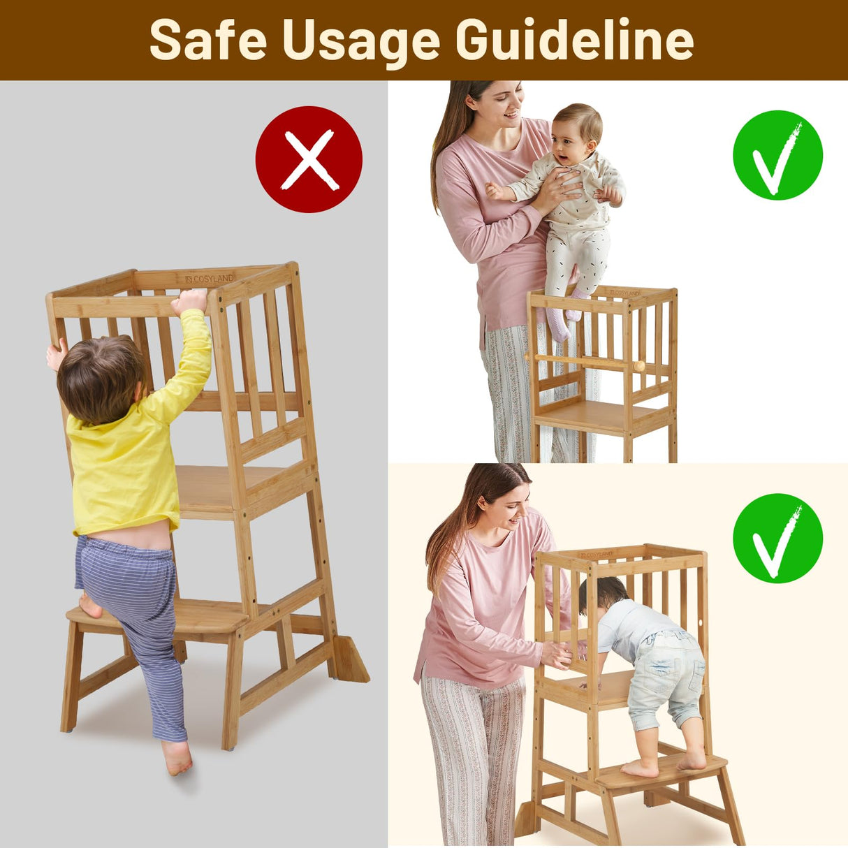 COSYLAND Toddler Standing Tower - Adjustable Height Toddler Kitchen Stool Helper - Kids Kitchen Step Stool for Learning with Removable Safety Railing Natural COSYLAND