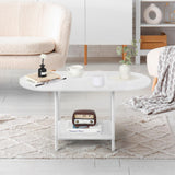 White Coffee Tables for Living Room,2-Tier Small Coffee Table Industrial Modern Oval Center Table with Storage Shelf and Wood Tabletop,for Small Space,Home Office Shinoske