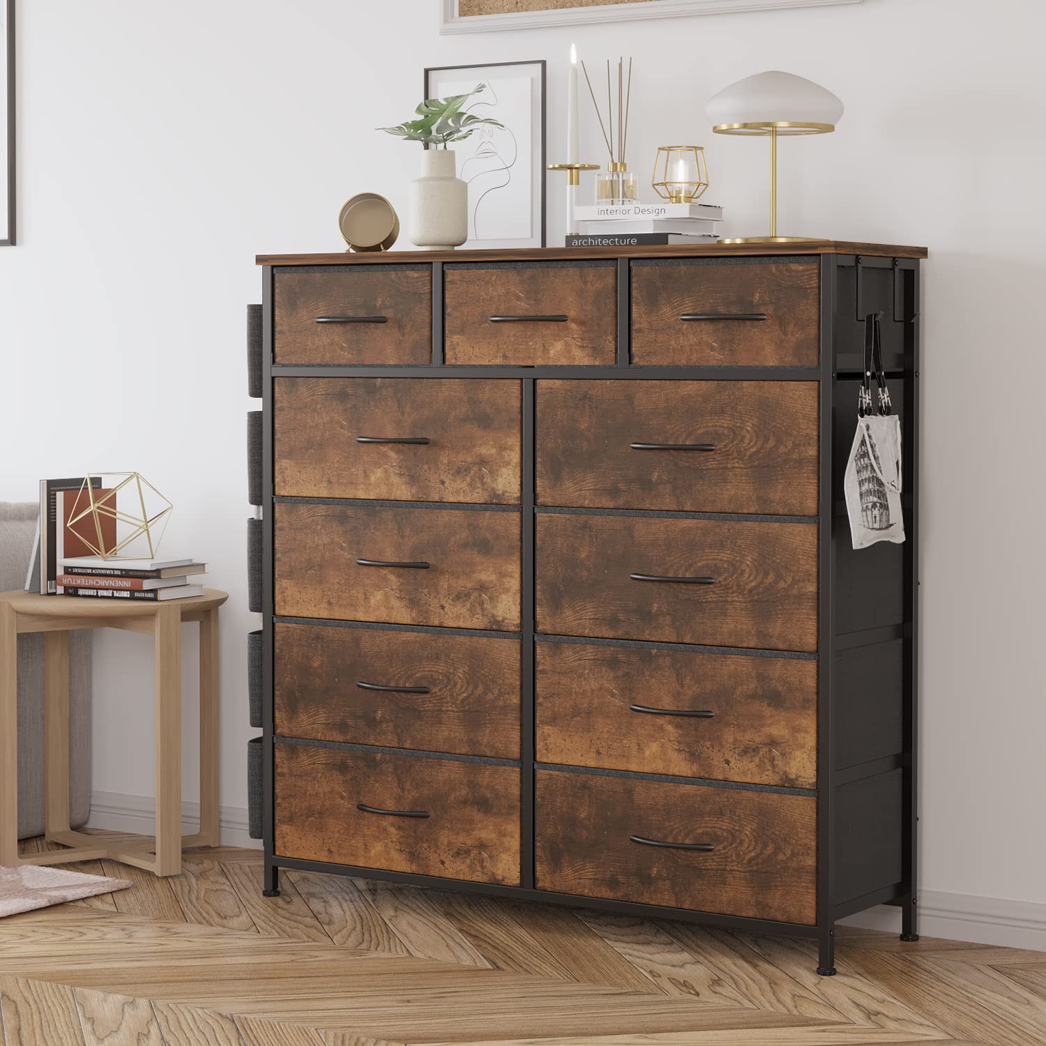 LIVEHOM Dresser for Bedroom with 11 Drawer, Dressers & Chests of Drawers with Side Pockets, Hooks, Fabric Storage Drawer, Steel Frame, Wood Top, Organizer Unit and Pull Handle for Closet. - WoodArtSupply