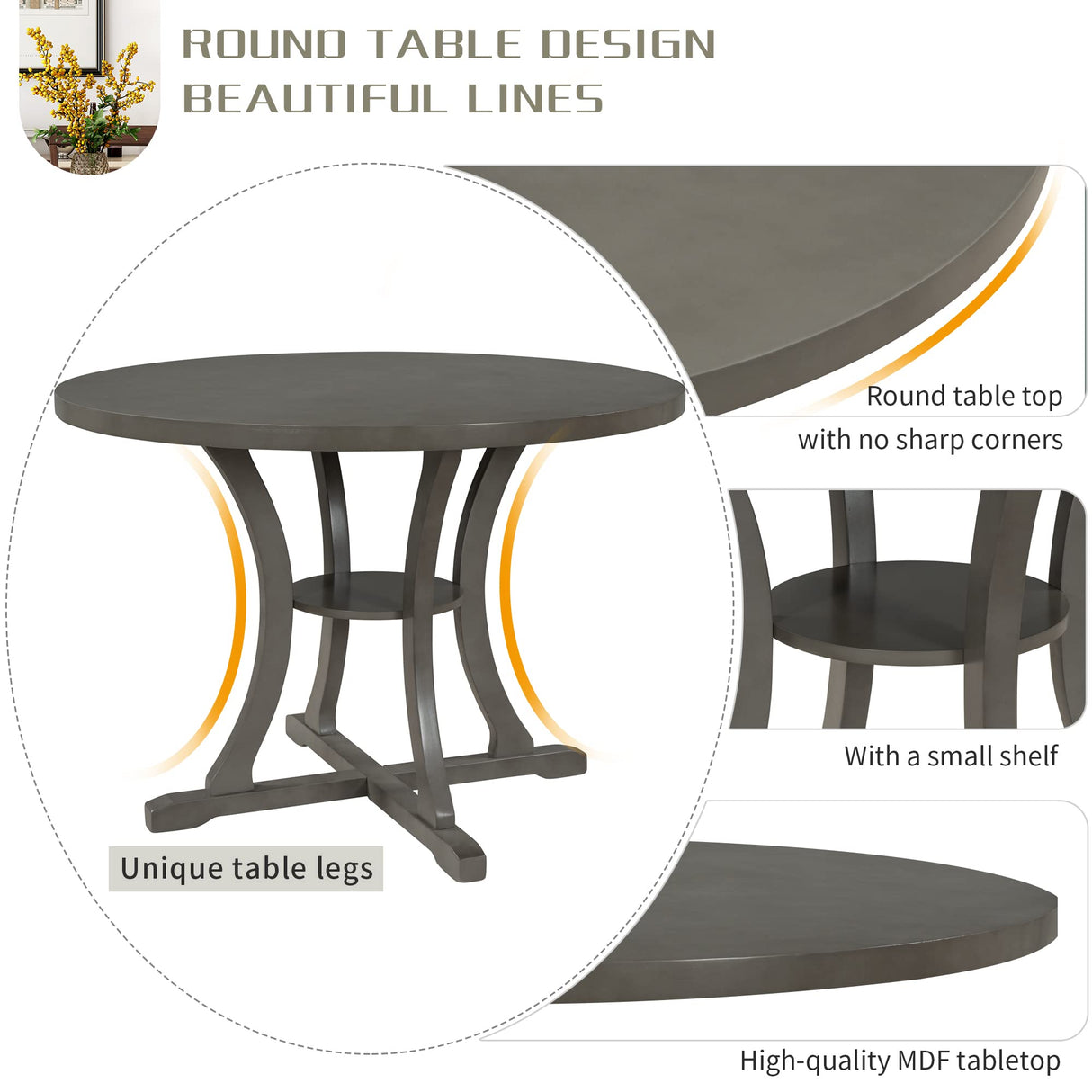 Merax 5 Piece Round Dining Table Set 4 Retro Chairs with Special-Shaped Table Legs, Exquisitely Designed Hollow Chair Back for Dining Room, Gray Merax