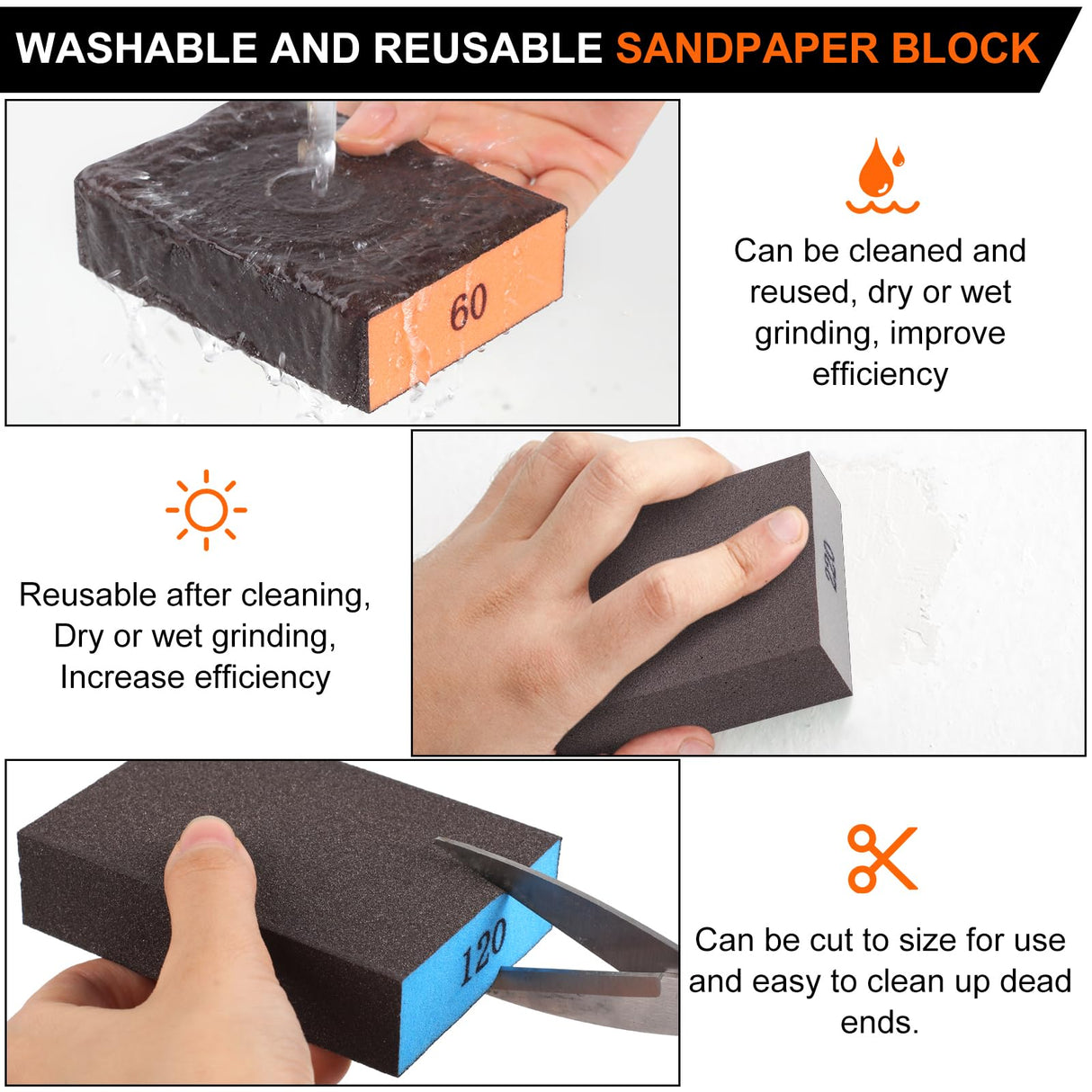 Romeda 8-Pack Sanding Sponge, Four Grits Per Pack 60/80/120/220, Washable and Reusable Handmade Sandpaper Block, Drywall Sandpaper Blocks for Wooden Drywall Sheetrock and Metal Glazing Romeda