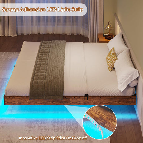 BTHFST Queen Size Floating Bed Frame with LED Lights - Industrial Style Wooden & Metal Platform Bed, Noise-Free & Easy Assembly BTHFST