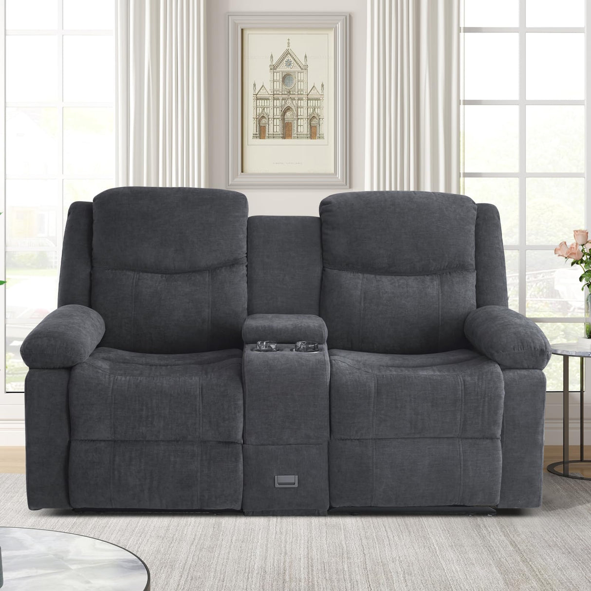 RIHEREFY Loveseat Recliner Sofa with Massage & Heating, Reclining Loveseat with Console, RV Wall Hugger Double Loveseat Recliner Couch for Living Room & Home Theater (Chenille-Grey) RIHEREFY