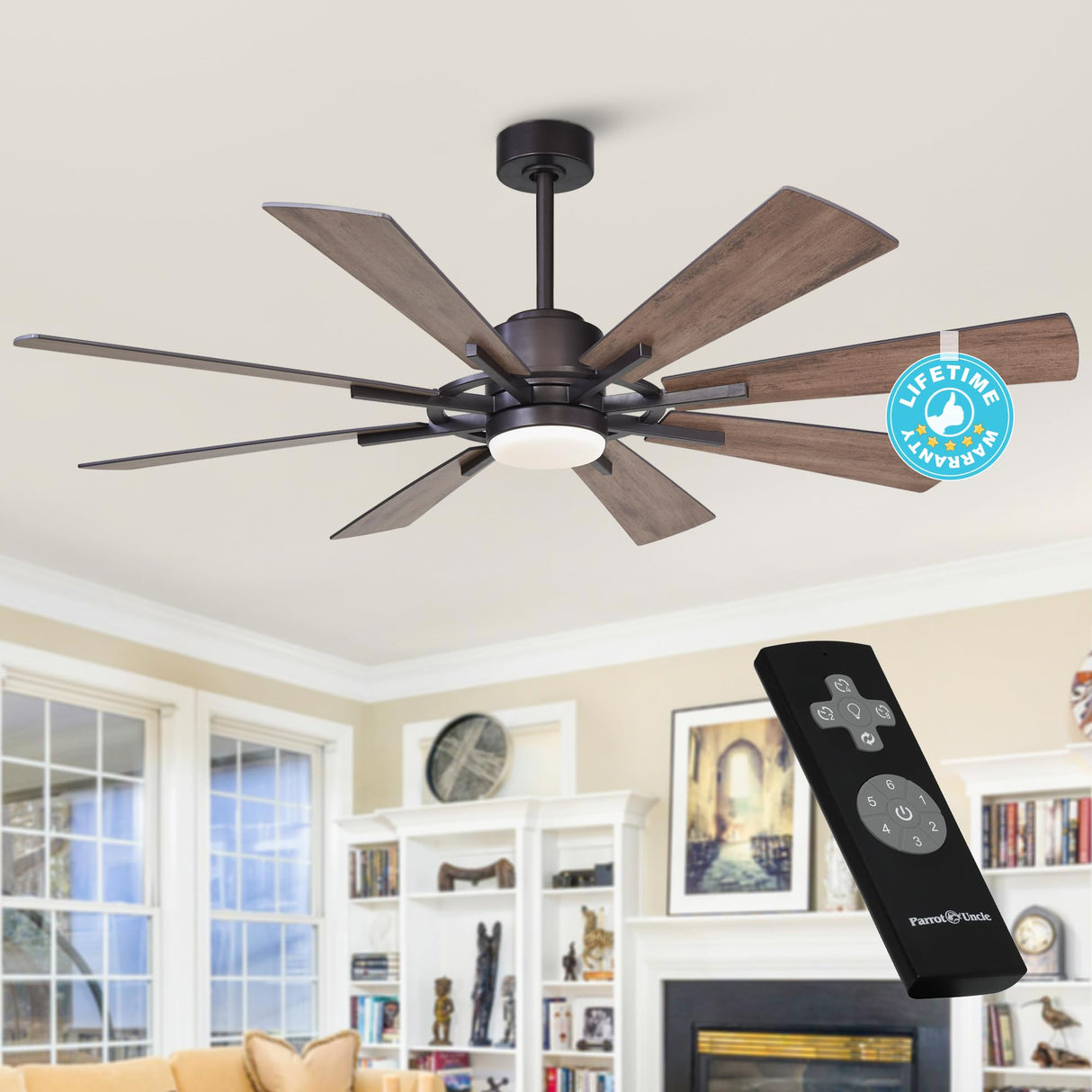 Ceiling Fans with Lights and Remote, 60 Inch Farmhouse Chandelier Ceiling Fan for Bedroom Flush Lighting Ceiling Fans Outdoor Indoor, 8 Reversible Blades DC Motor, Noiseless, ETL, Oil Rubbed Bronze Parrot Uncle