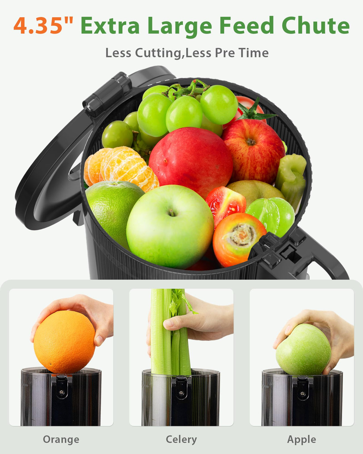 Cold Press Juicer, ECOSELF Slow Masticating Juicer with 4.35" Large Feed Chute Fit Whole Fruits & Vegetables, Self Feeding for Juice Extractor Machine, Easy to Clean and Assemble, High Juice Yield ECOSELF