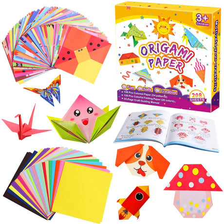 Craft Origami Paper Kit for Kids, 208 Sheets Colorful Folding Papers, Easter Basket Stuffers Gifts for Kids with 54 Patterns Origami Book Art Projects Supplies Kit for 5 6 7 8 9 10 11 12 Girl Boy Toys Pigipigi Kids