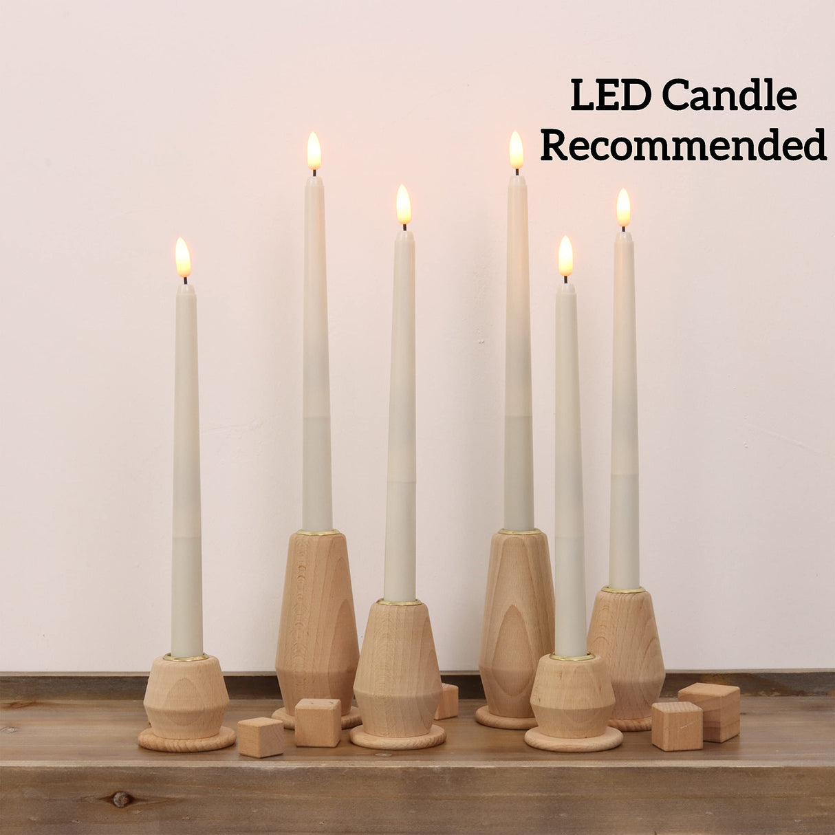 Wooden Candlestick Holders for Taper Candles Set of 3 | Luxury Wood Candle Holders with Gold Cups and Decorative Wooden Cubes | Fireplace Candle Holder | Console Table Decoration Pieces LIFE SENSES