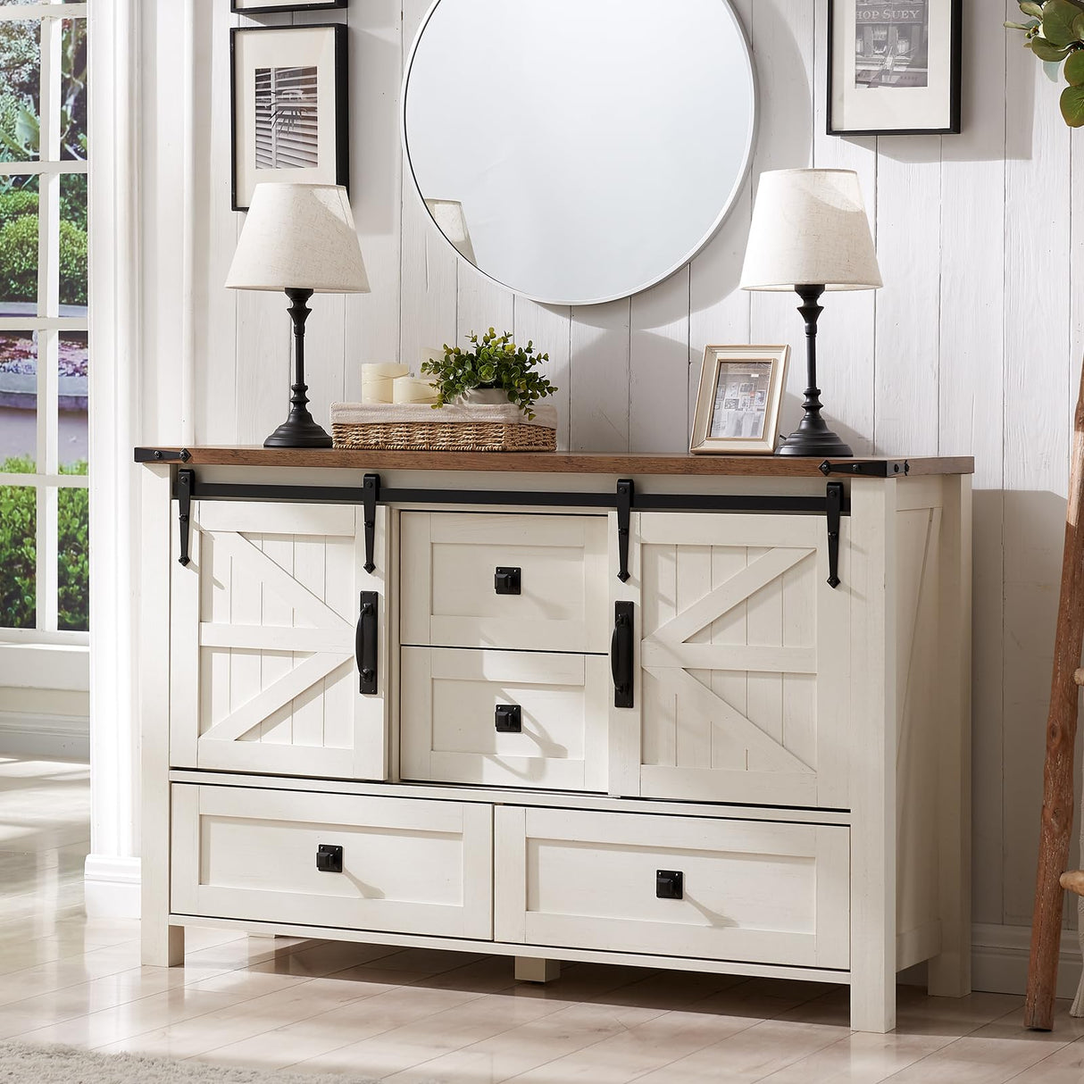 T4TREAM Farmhouse Dresser for Bedroom w/4 Drawers & Sliding Barn Doors, 48'' Wide Chest of Drawers, Rustic Dresser TV Stand w/Shelf, Dresser Organizer for Bedroom, Living Room, Entryway, Antique White T4TREAM