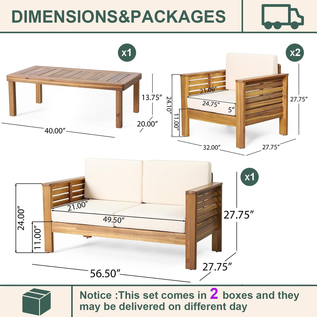 4-Piece Patio Furniture Set: Outdoor Acacia Wood Patio Furniture Set with Loveseat, Sectional Sofa & Coffee Table with Premium Cushions, Durable Conversation Set for Backyard, Garden (4, brown) Usiseem