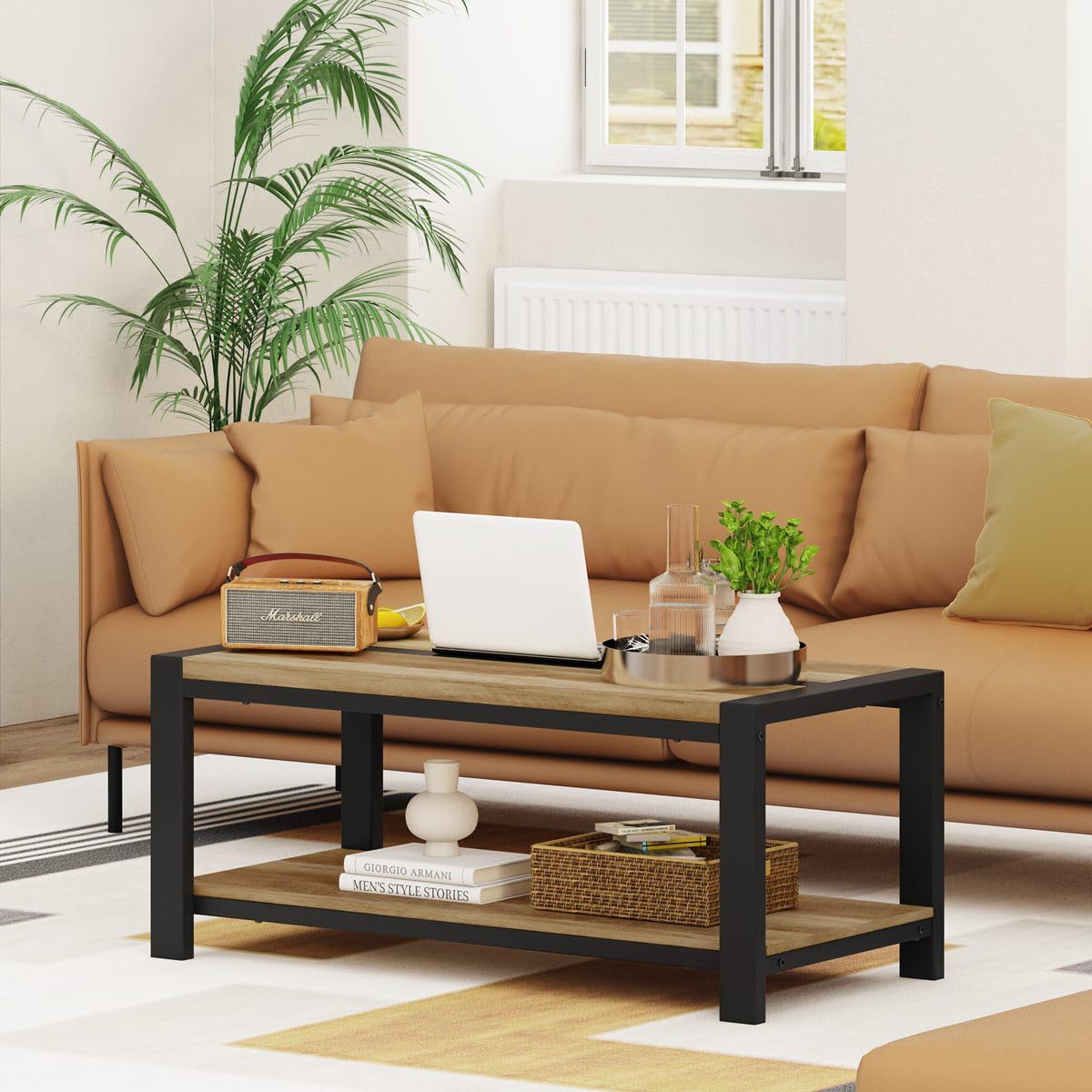 BON AUGURE Industrial Coffee Table, Wood Metal Coffee Tables for Living Room, Farmhouse Rectangle Center Tables, Modern Living Room Table (Vintage Oak, 43 Inch) BON AUGURE