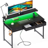 ODK 48 Inch Computer Desk with 3 Drawers and USB Power Outlets, Home Office Desks with LED Lights and Adjustable Monitor Stand, Work from Home, Modern Work/Writing/Study Table for Bedroom, Black ODK