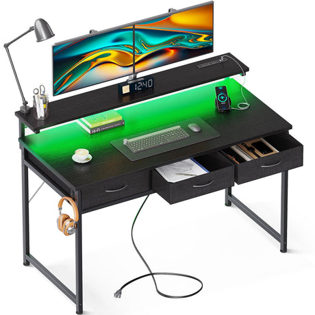 ODK 48 Inch Computer Desk with 3 Drawers and USB Power Outlets, Home Office Desks with LED Lights and Adjustable Monitor Stand, Work from Home, Modern Work/Writing/Study Table for Bedroom, Black ODK
