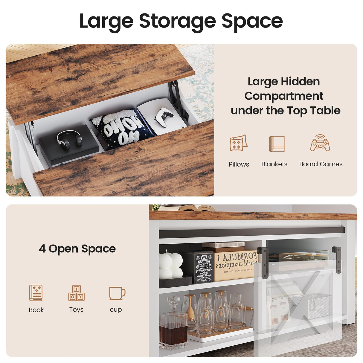 SEDETA 31.5" Lift Top Coffee Table with Storage, Square Coffee Table for Living Room, Farmhouse Coffee Table with Large Hidden Storage Compartment and Adjustable Shelves, White SEDETA