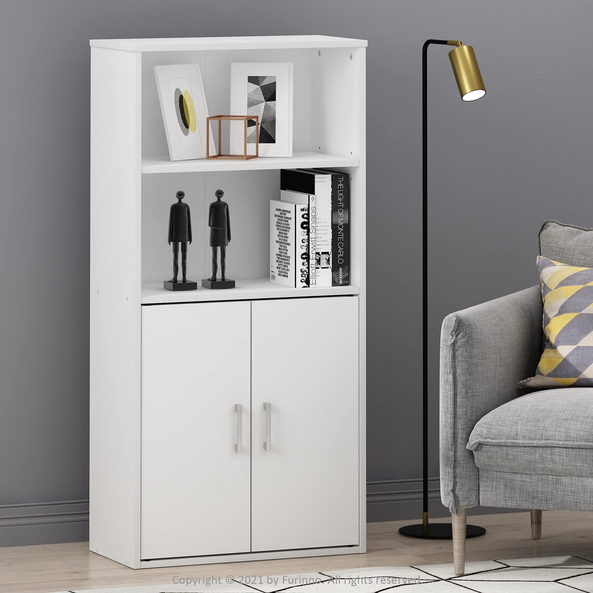 Furinno Pasir Storage Cabinet with 2 Open Shelves and 2 Doors, White - WoodArtSupply