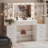 58.3" Makeup Vanity Desk with Charging Station, White Makeup Dressing Table with Mirror & Lights, 3 Lighting Modes Adjustable Brightness, Vanity Table with Power Outlet & 8 Drawers without Stool lertrugs