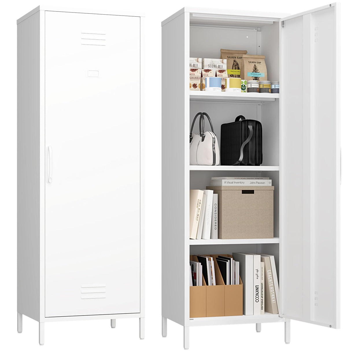 Steehoom Metal Storage Cabinet, Steel File Locker with 3 Shelves 59.06-inch high for School, Living Room, Bedroom, Office (White) Steehoom
