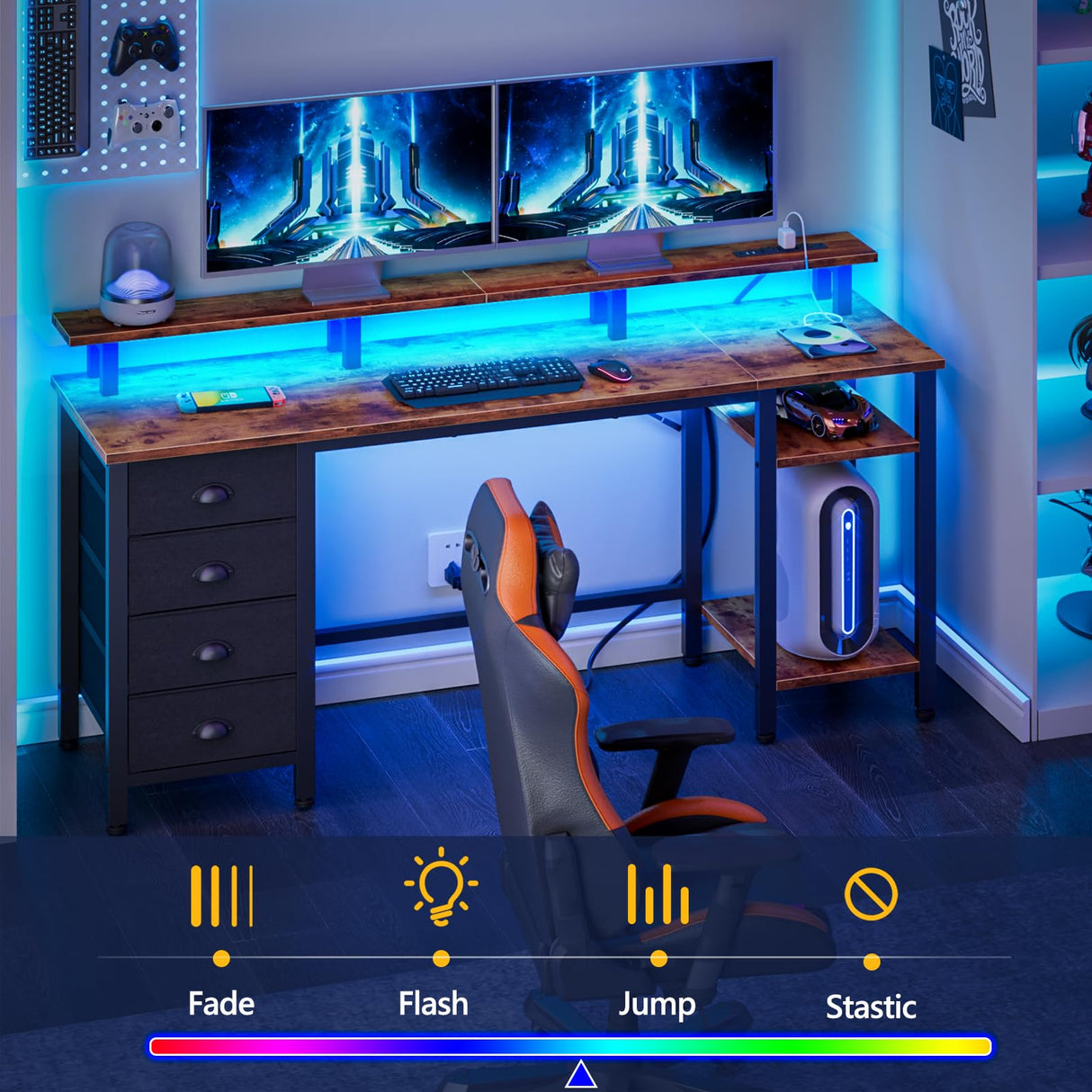 Furologee 61 Inch Desk with 4 Drawers, Computer Desk with Power Outlets and LED Lights, Office Desk with Long Monitor Stand, Large Gaming Desk with Shelf for Home Office/Bedroom/Brown Furologee