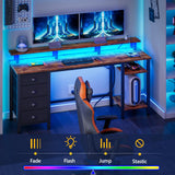 Furologee 61 Inch Desk with 4 Drawers, Computer Desk with Power Outlets and LED Lights, Office Desk with Long Monitor Stand, Large Gaming Desk with Shelf for Home Office/Bedroom/Brown Furologee