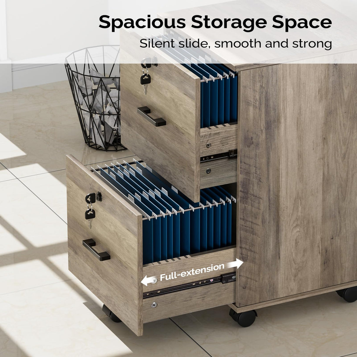 VINGLI 2 Drawer File Cabinet with Lock, Wood Rustic Gray File Cabinet for Letter Size File Folders with Tabs, Under Desk Rolling File Cabinets for Home Office, Mobile Filing Cabinet Printer Stand VINGLI