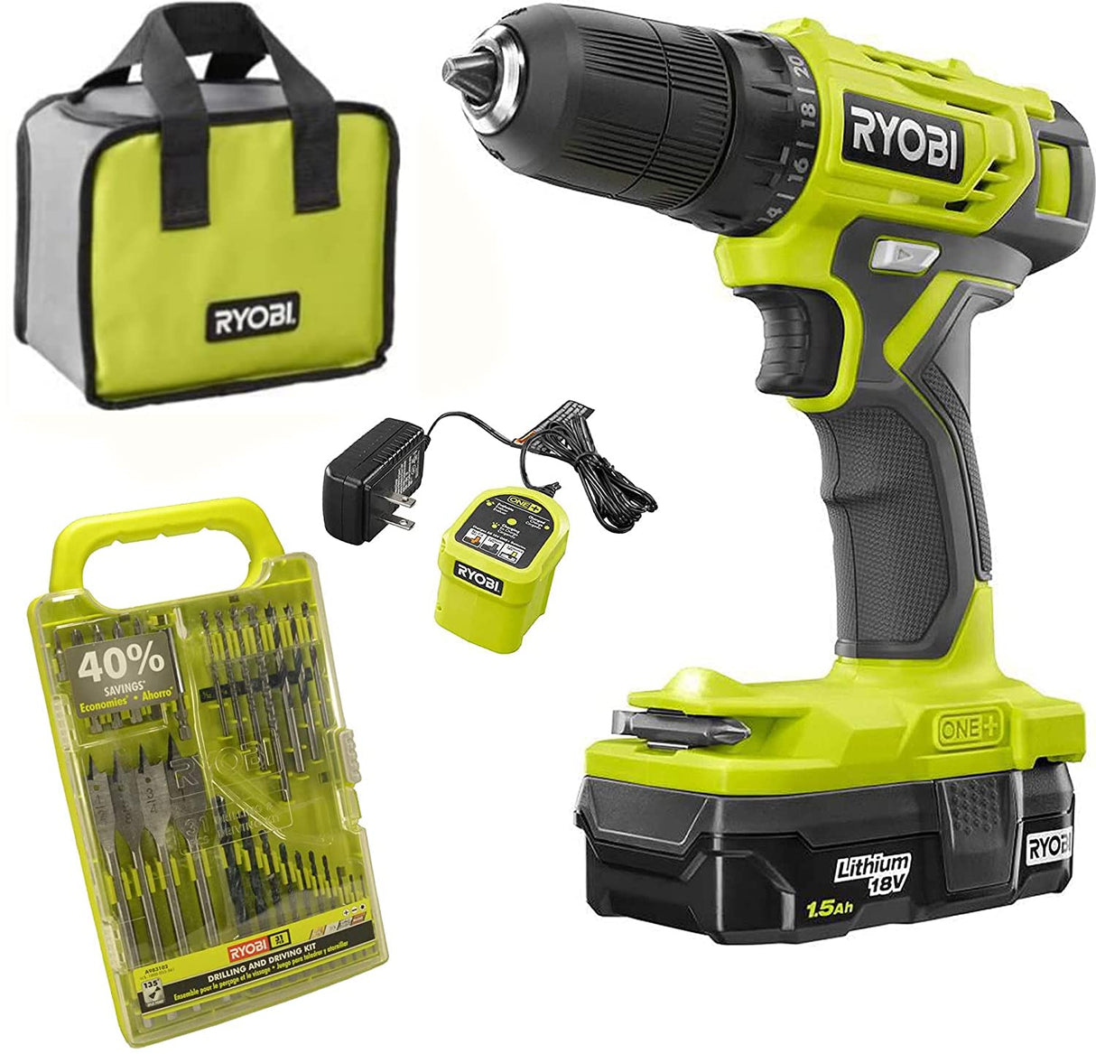 Ryobi 18V ONE+ 3/8 in. Drill Driver Kit Bundle Set with BONUS Bits, and Tool Bag RYOBI