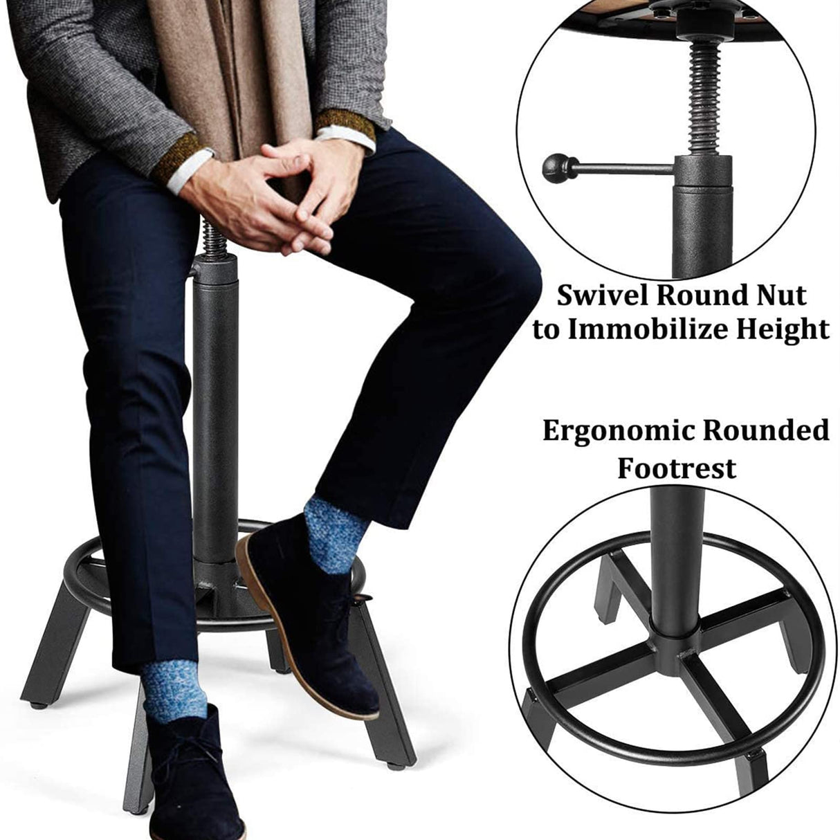 BOKKOLIK Set of 2-Industrial Bar Stool-Counter Height Chairs- Swivel Wooden Seat- Adjustable 17.7-24inch BOKKOLIK