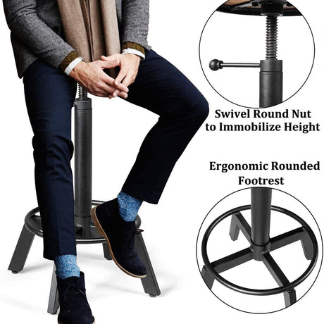 BOKKOLIK Set of 2-Industrial Bar Stool-Counter Height Chairs- Swivel Wooden Seat- Adjustable 17.7-24inch BOKKOLIK