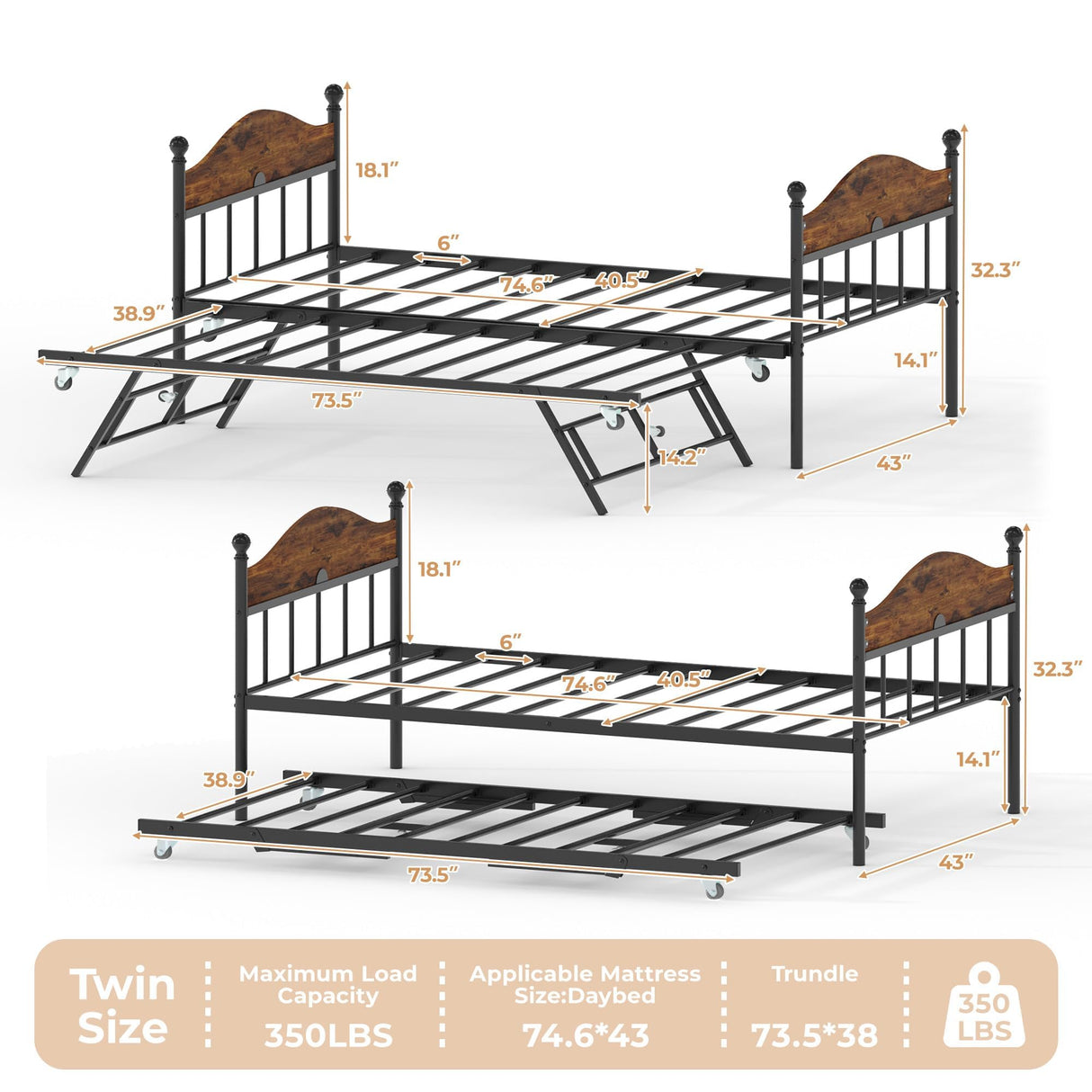 Daybed with Trundle, Sturdy Metal Twin Size Day Bed with Stylish Headboard, Height Adjustable Trundle Bed Twin, Heavy Duty Steel Slats Platform for Living Room, Bedroom and Guest Room, Brown GarveeHome