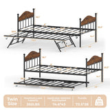 Daybed with Trundle, Sturdy Metal Twin Size Day Bed with Stylish Headboard, Height Adjustable Trundle Bed Twin, Heavy Duty Steel Slats Platform for Living Room, Bedroom and Guest Room, Brown GarveeHome