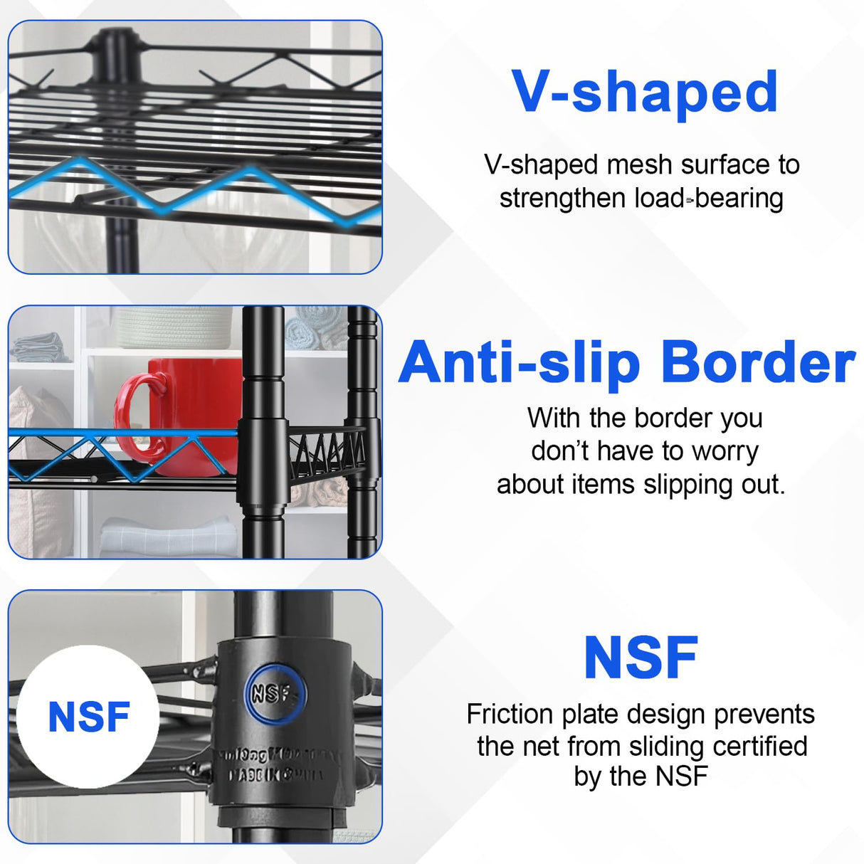 Metal Frame Storage Shelves 5-Tier Wire Shelving NSF Certified Storage Rack Shelf Heavy Duty Storage Shelf with Leveling Feet for Home Kitchen Garage, 12" Dx17 Wx48 H, Black FDW