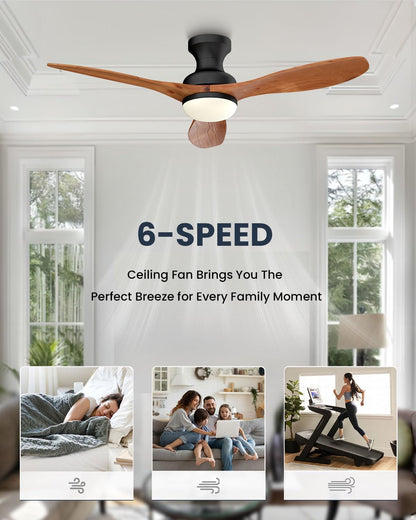 Frstem Leah 52" Flush Mount Solid Wood Ceiling Fan with Light & Remote Control, Low Profile/3 Blades/6-speed/Timer/3 CCT/Quiet DC Motor Ceiling Fan Light Fixture, for Kitchen Bedroom Living Room