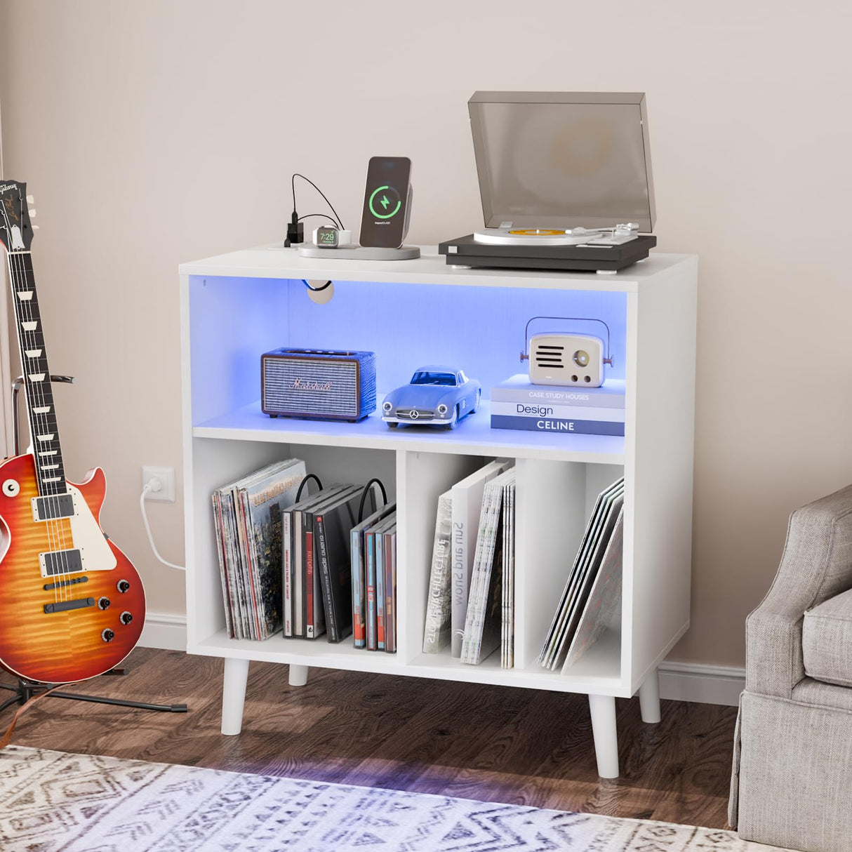 VINGLI Record Player Stand with Open Vinyl Storage, Mid-Century Album Storage Table with LED Light up to 300 Albums, Vinyl Record Player Shelf with Power Outlet for Living Room, White VINGLI