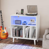 VINGLI Record Player Stand with Open Vinyl Storage, Mid-Century Album Storage Table with LED Light up to 300 Albums, Vinyl Record Player Shelf with Power Outlet for Living Room, White VINGLI