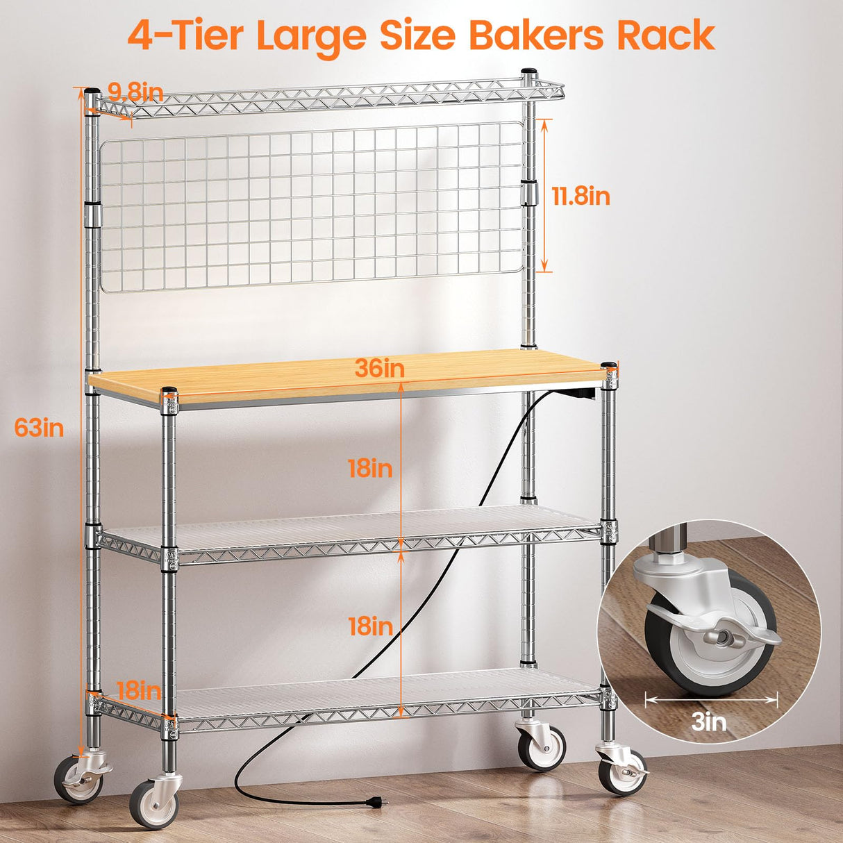 Leteuke Bakers Rack with Power Outlet & Storage, 36 Inch Microwave Stand Kitchen Cart, 4-Tier Metal Kitchen Shelves Cart with Wheels & 20 S-Hooks for Kitchen, NSF Certified, 63 x 18 x 36 Inch-Chrome Leteuke