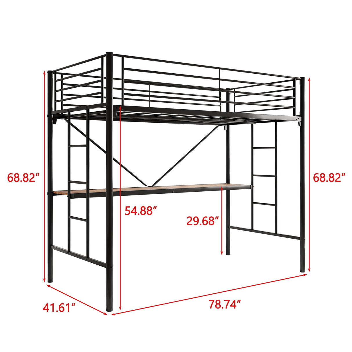 JURMERRY Twin Metal Loft Bed with Desk, Two Ladders, and Safety Guard Rail in Black JURMERRY