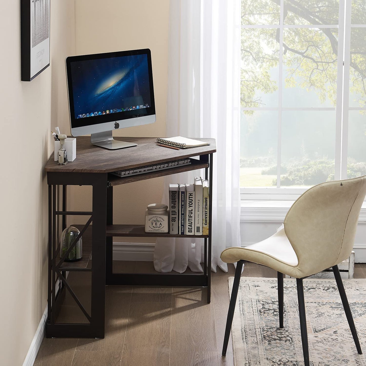 VECELO Corner Computer Desk Writing Smooth Keyboard Tray & Storage Shelves,Compact Home Office Triangle Table, Rustic Natural Brown - WoodArtSupply