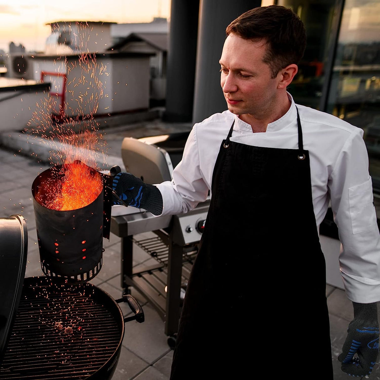 1472°F Extreme BBQ Gloves Grill Gloves Oven Safety Gloves, Cut Resistant BBQ Gloves with Non-Slip Silicone for Grilling, Frying, Baking, Fireplace, Cooking (2 pieces set) (Black Strips Long) HIGHLOONG