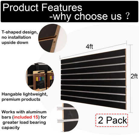 Garage Slat Wall Storage Systems Slatwall Panels 2 Pack 4'x2', Black MDF Slat Wall Paneling for for Retail Display, Horizontal Slatted Board Garage Slatted Panel Wood Panels for Home Storage FRAYSCENT