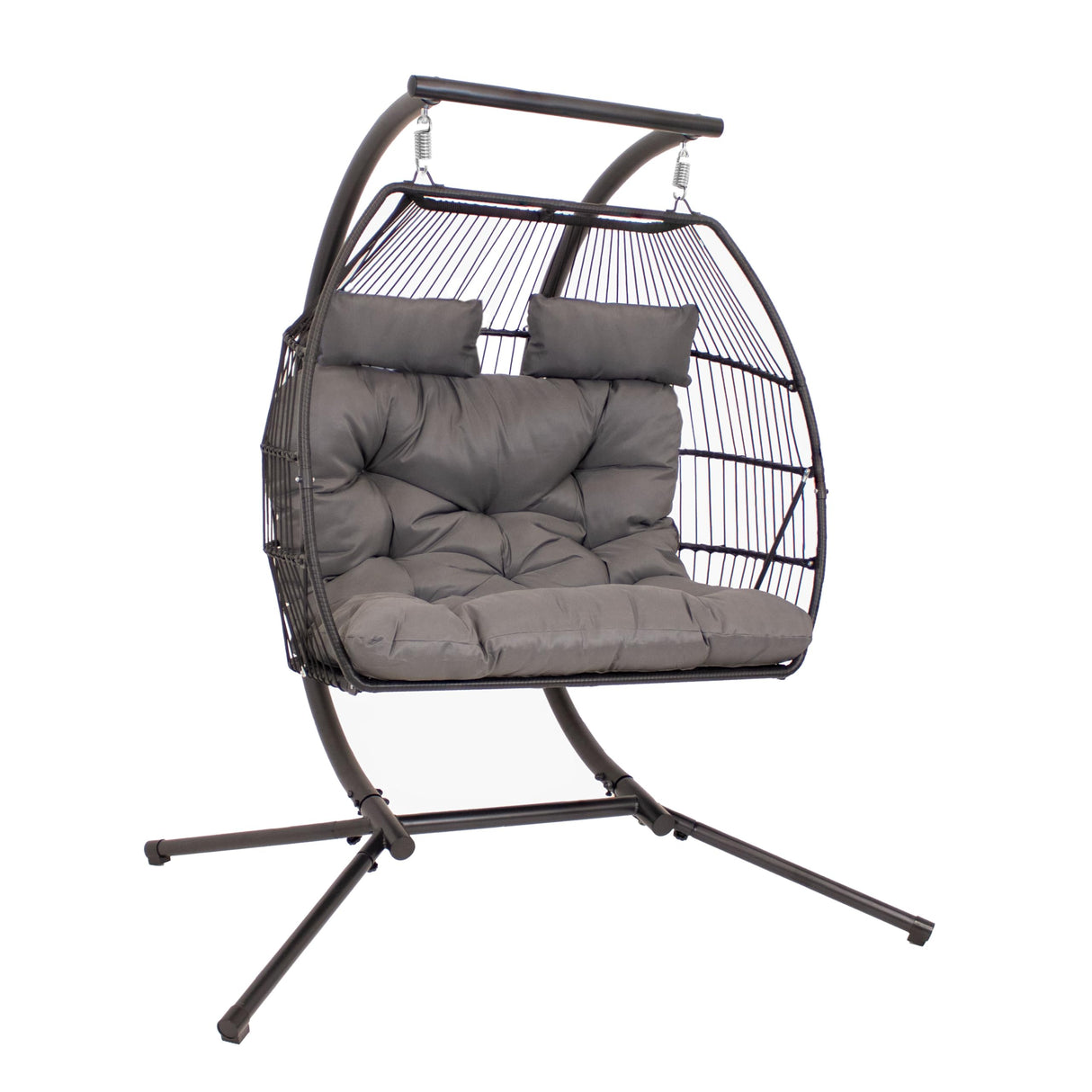 Sunnydaze Andrei Double Hanging Egg Chair with Stand - 2-Person Outdoor Egg Chair - Includes Steel Stand and Cushion - Dark Gray Sunnydaze