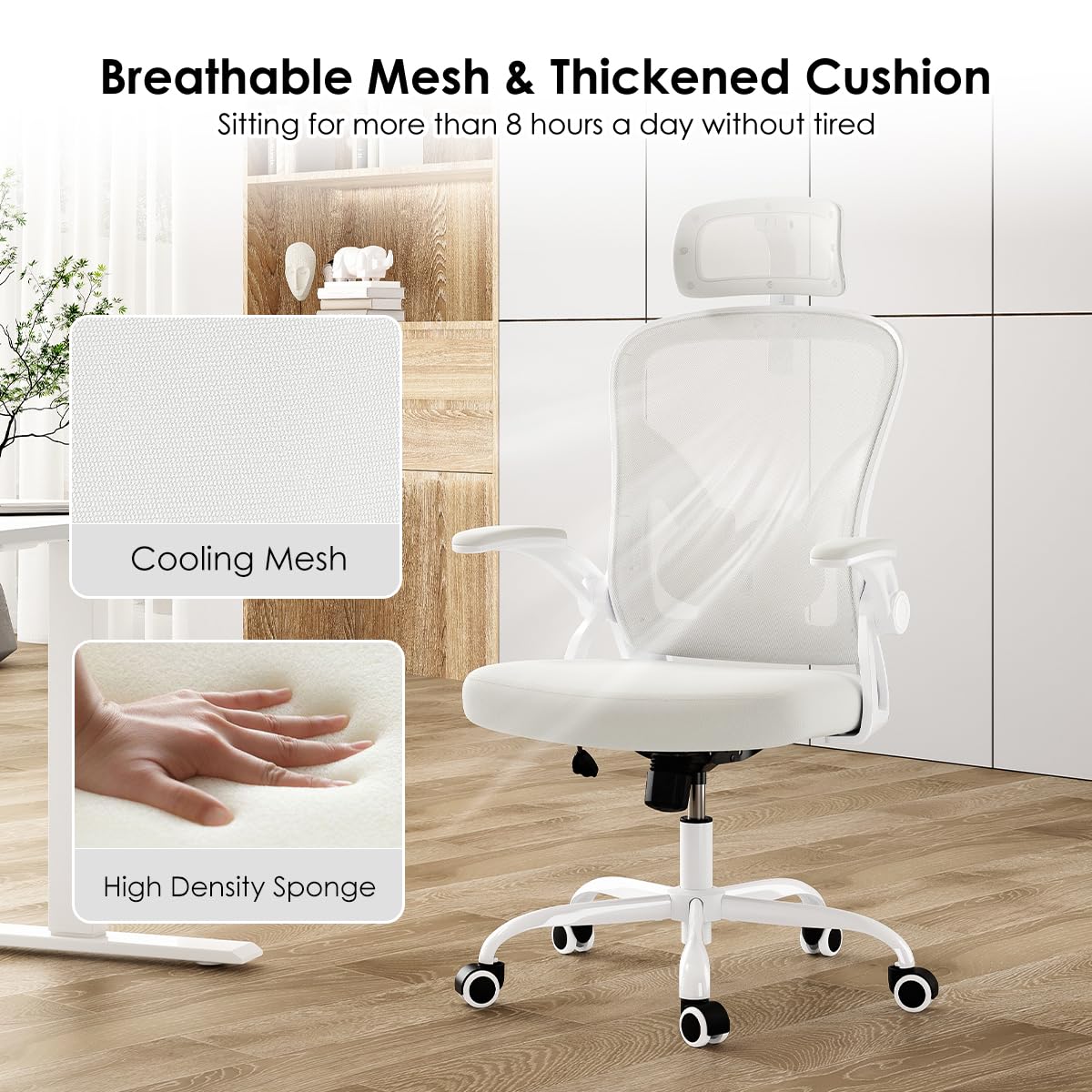 Farini Ergonomic Office Chair, Home Office Desk Chair with Headrest, High Back Computer Chair with Flip-up Armrests and Adjustable Lumbar Support for Home Office Study Room (with Headrest, All-White) Farini