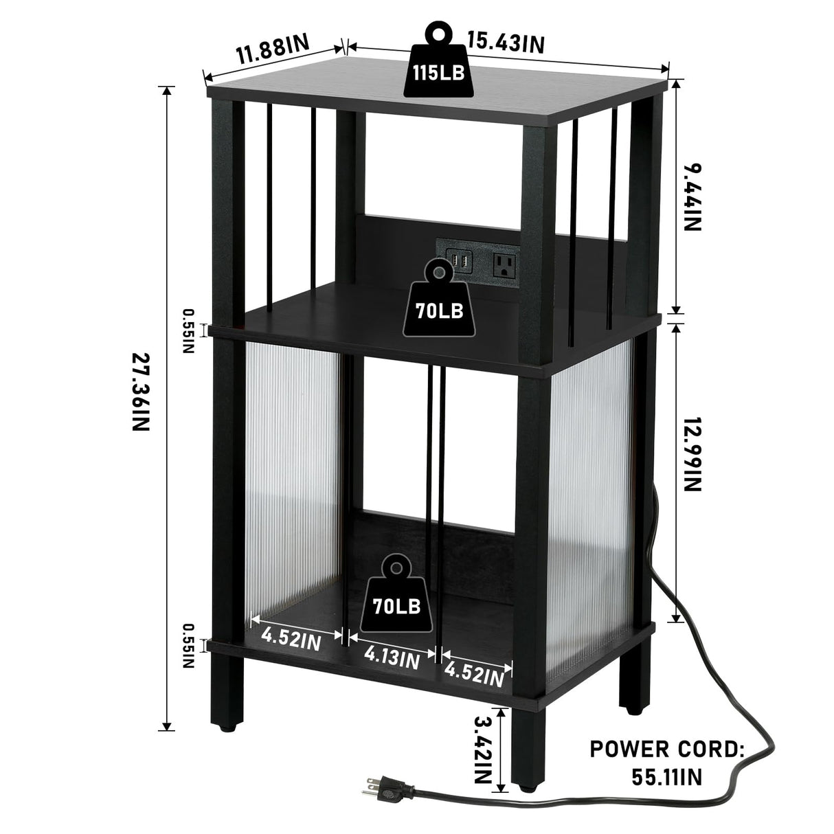 DGSANDGO Record Player Stand with Charging Station, 3 Tier End Table with Vinyl Record Holder, Record Shelf Up to 100 Albums, for Living Room, Bedroom, Office.（Black） DGSANDGO