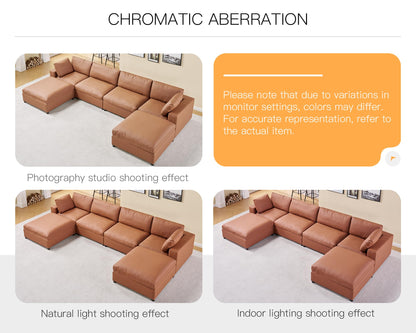 PaPaJet Modular Sectional Sofa, 152 Inches Down Filled Sectional Sofa, 6 Seats U Shaped Cloud Couch with Chaise, Ottoman, Oversized Couch for Living Room, Brown Anti-Scratch Leathaire Couch Set