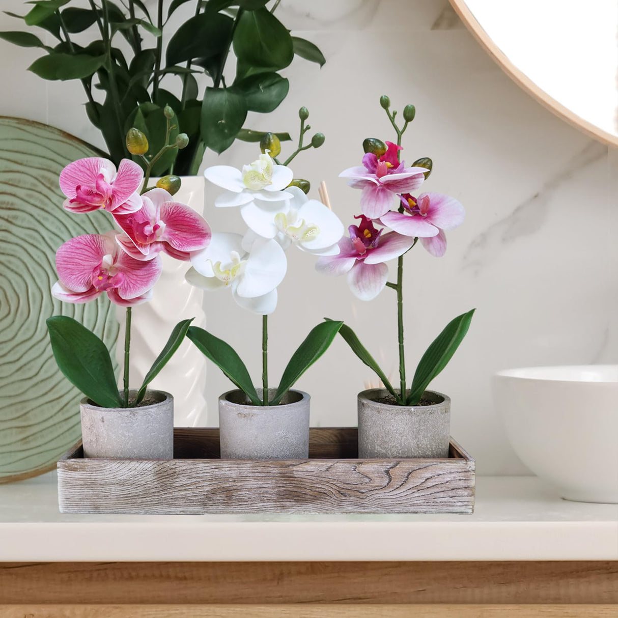 Winlyn Set of 3 Small Artificial Orchid Potted Plants Arrangement with Rustic Wood Planter Box Real Touch Faux Phalaenopsis Moth Orchid Flowers in Pots for Home Office Desk Shelf Table Centerpiece Winlyn