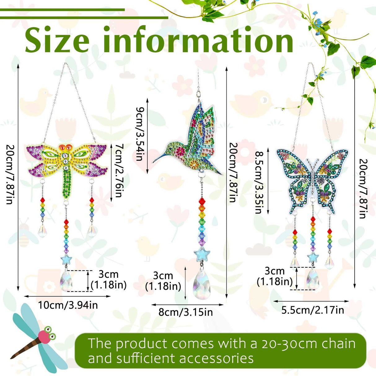 Jetec 3 Pieces Diamond Art Kits Painting Suncatcher Wind Chime Double Sided Crystal Gem Paint by Number Hanging Ornament for Adults DIY Window Home Garden(Dragonfly, Butterfly, Hummingbird) Jetec