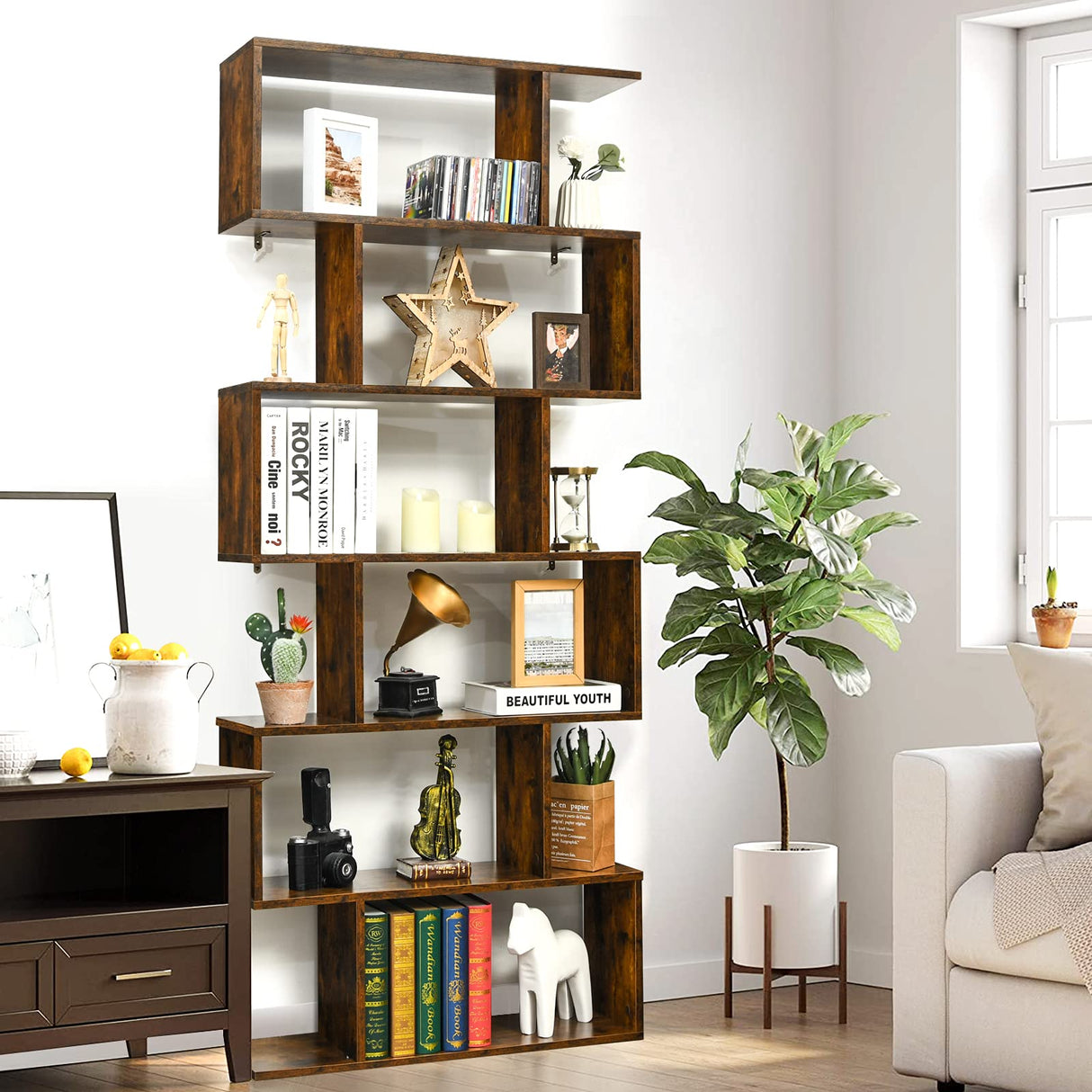 IFANNY 6 Tier Bookshelf, S Shaped Bookcase w/Staggered Storage Shelves, Display Shelf and Room Divider, Librero para Habitacion, Book Shelf for Bedroom, Living Room, Home Office (Rustic Brown) IFANNY
