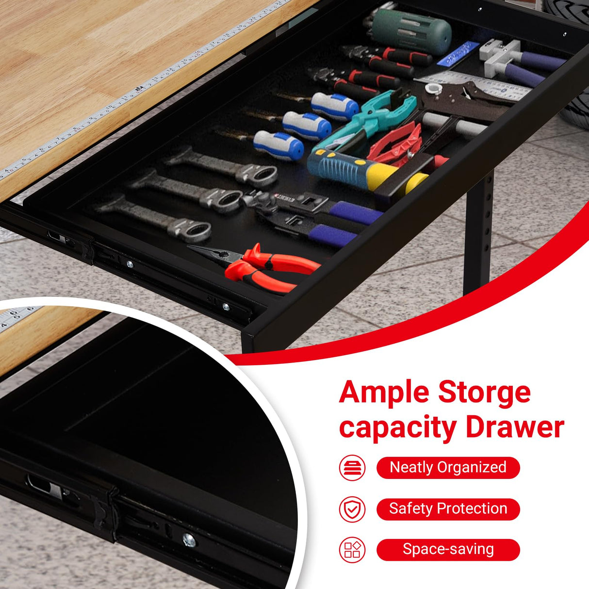 60" Adjustable Workbench with Drawer & Power Outlet,2200 Lbs Load Capacity Capacity Work Table,Heavy Duty Work Bench,Sturdy Steel Frame with Rubber Wood Table Top,for Garage,Office,Home TROPOW