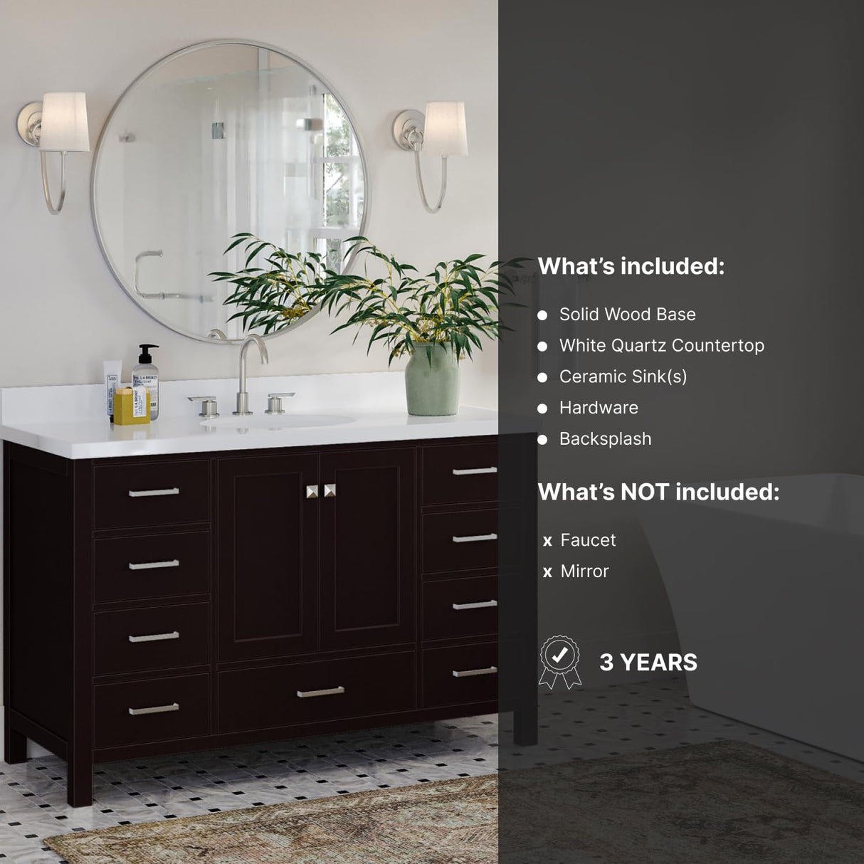 ARIEL Bathroom Vanity 55" Inch with Pure White Quartz Countertop and Oval Sink in Espresso, 2 Soft Closing Doors, 9 Full Extension Dovetail Drawers, with Backsplash, No Mirror ARIEL