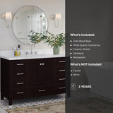ARIEL Bathroom Vanity 55" Inch with Pure White Quartz Countertop and Oval Sink in Espresso, 2 Soft Closing Doors, 9 Full Extension Dovetail Drawers, with Backsplash, No Mirror ARIEL